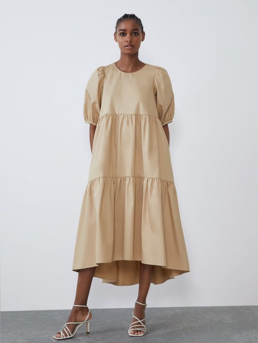 Zara - 100% Cotton Puff Sleeve Tiered Midi Dress in Beige